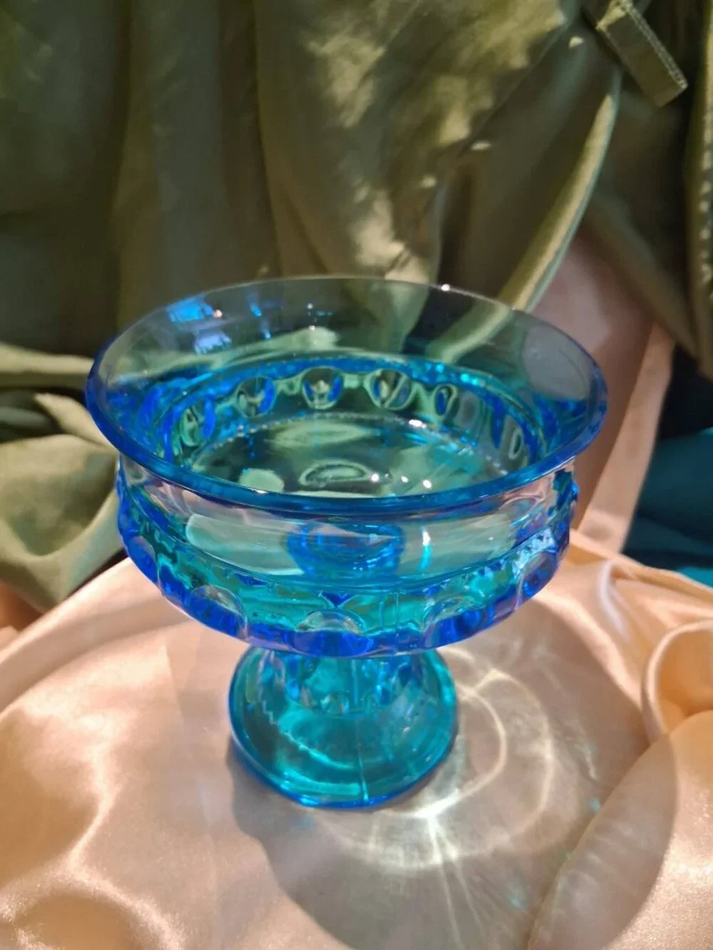 Vintage Indiana Glass Kings Crown Aqua Blue Pedestal Candy Dish Compote Bowl